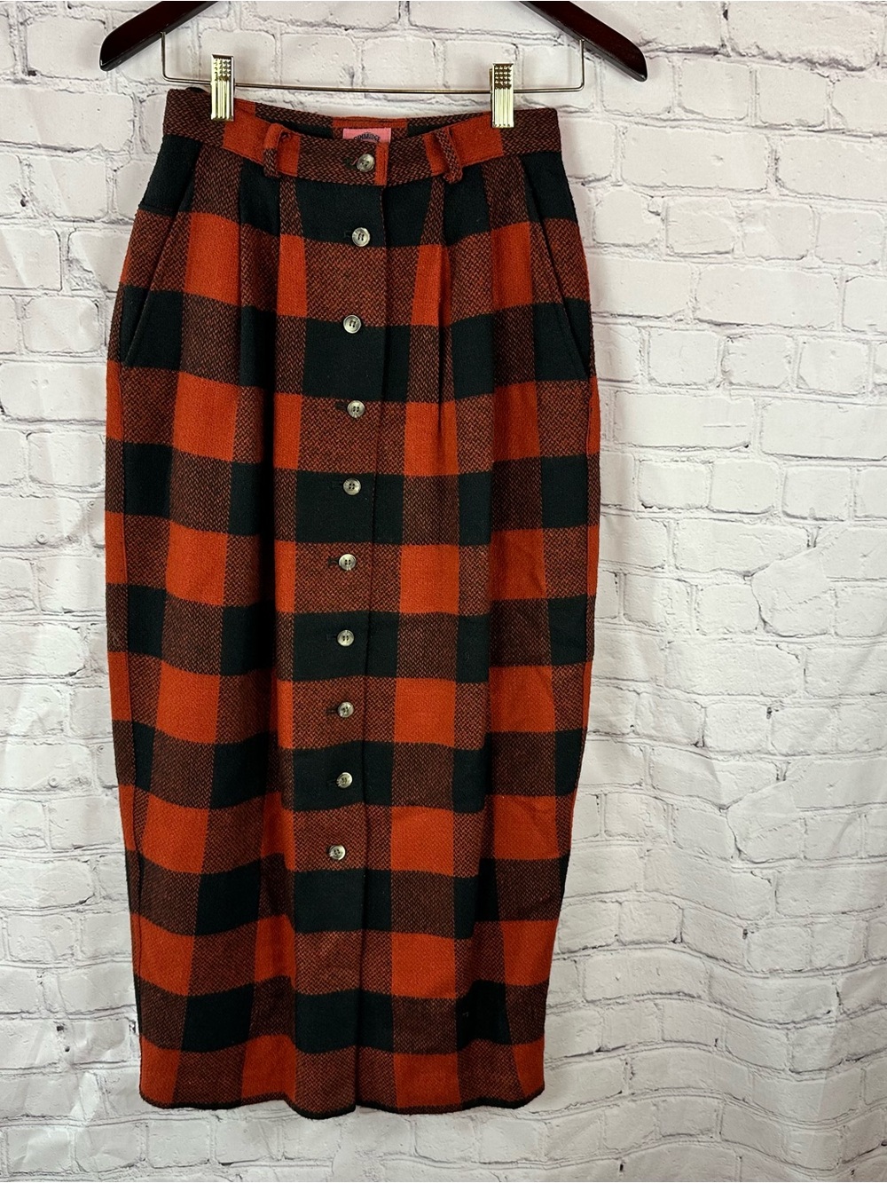 vtg cambridge country store rust black Buffalo Plaid pencil Skirt women 4 wool